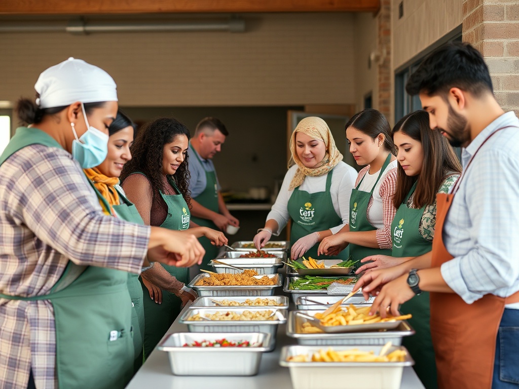 Modern diverse charitable organization volunteers serving in community center