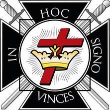 Knights Templar emblem with red cross, medieval shield, sword, and chalice