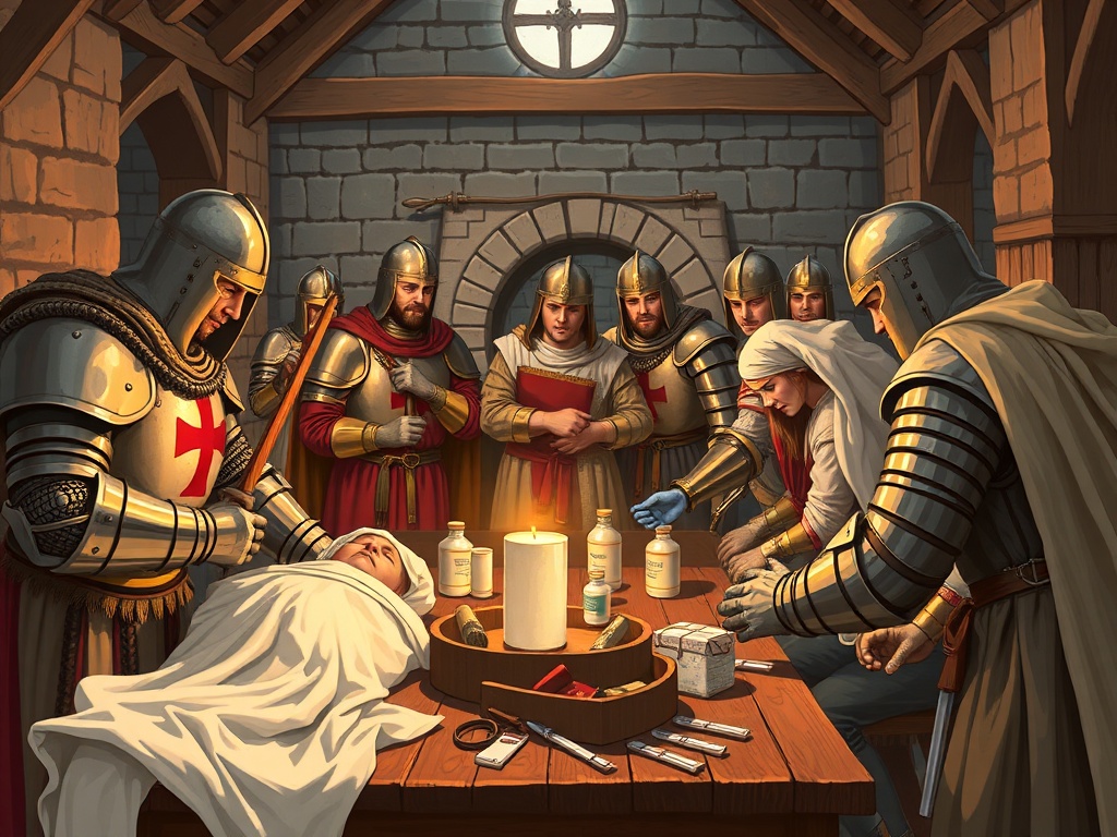 Medieval hospital with knights caring for the sick and wounded
