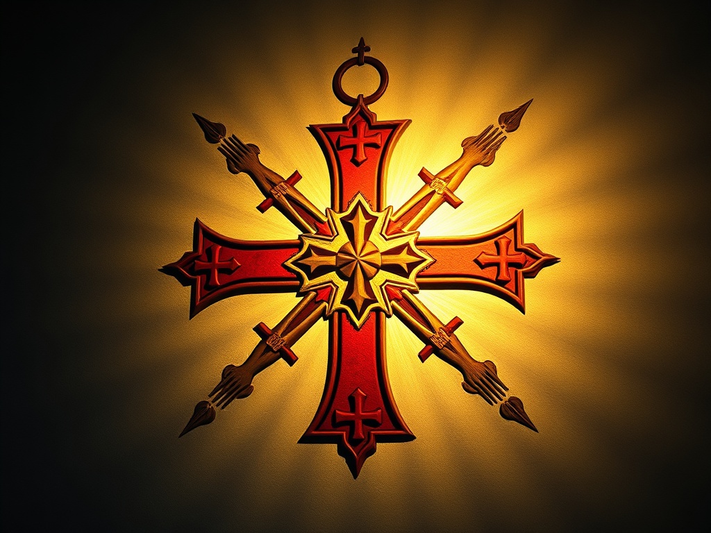 Eight-pointed Maltese cross with symbols of mercy and charity