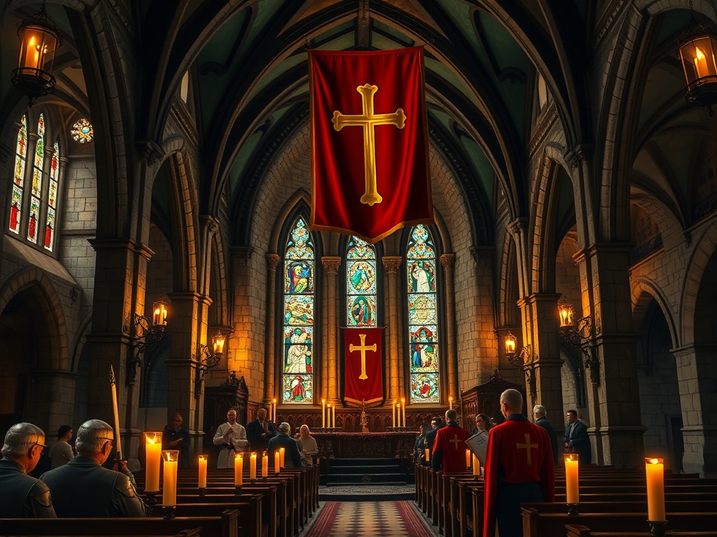 Medieval chapel interior with red cross banner and candlelit atmosphere