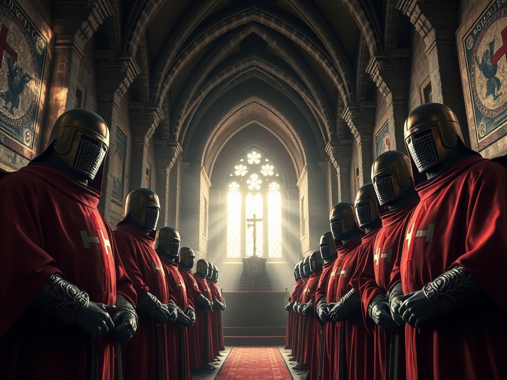 Templar knights in ceremonial robes with red cross emblems in chapel