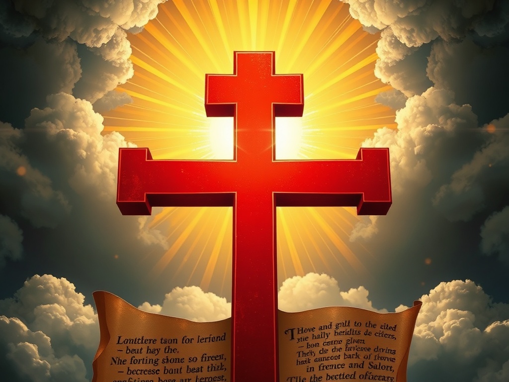 Red cross symbol radiating light with divine salvation imagery
