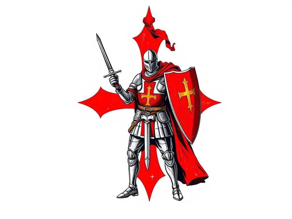 Knights Templar red cross emblem with knight in armor and sacred geometry