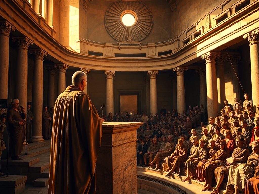 Eloquent orator in flowing robes addressing audience in ancient amphitheater with golden light