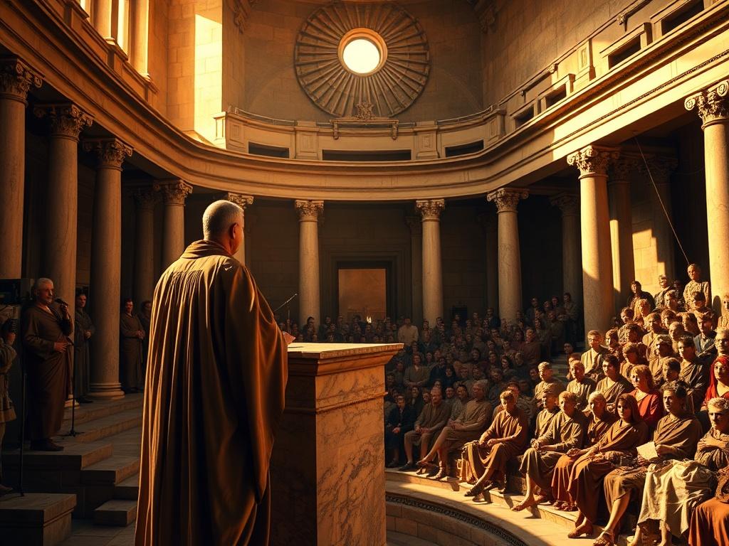 Ancient Roman orator giving an eloquent speech