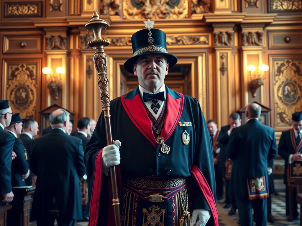 Masonic Pursuivant in formal ceremonial regalia serving as usher and officer