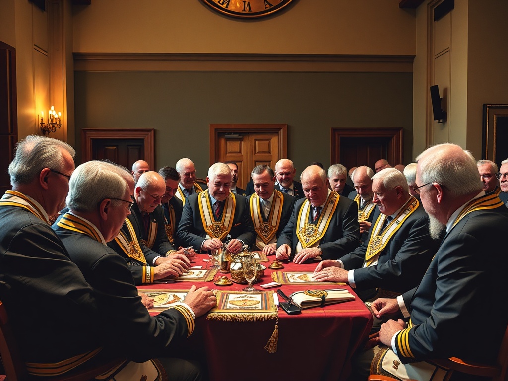 Masonic brotherhood gathering with diverse group of Master Masons engaged in fraternal fellowship and service