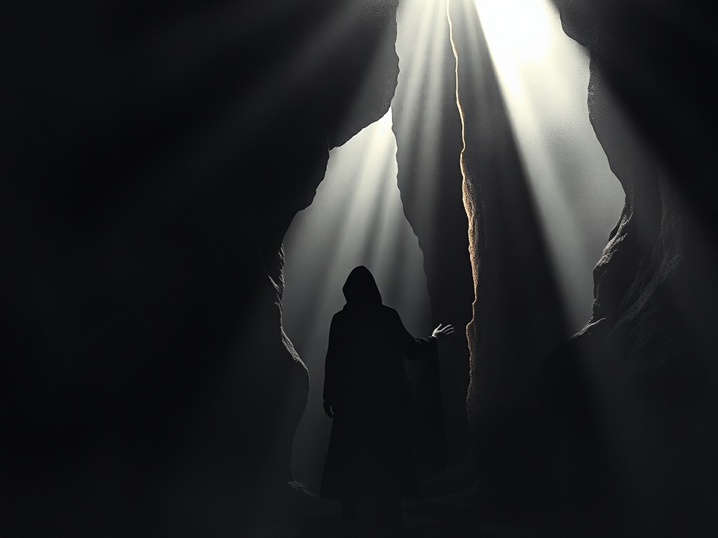 Masonic candidate's journey through darkness transitioning to light, representing spiritual transformation and enlightenment