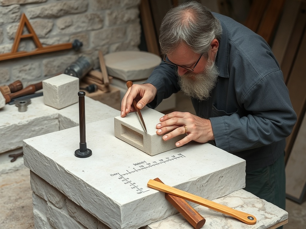 Master craftsman mason actively working and shaping stone with tools in a workshop setting