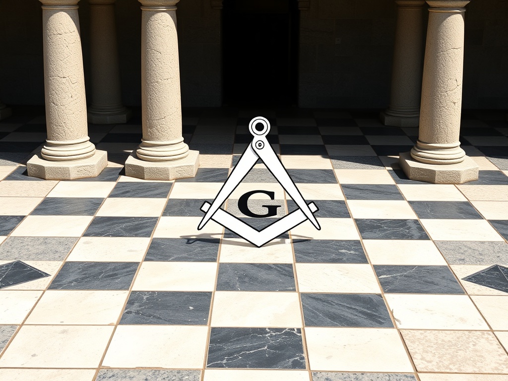 Key Masonic symbols including rough ashlar stone, checkered pavement, pillars Jachin and Boaz, compass and square with letter G