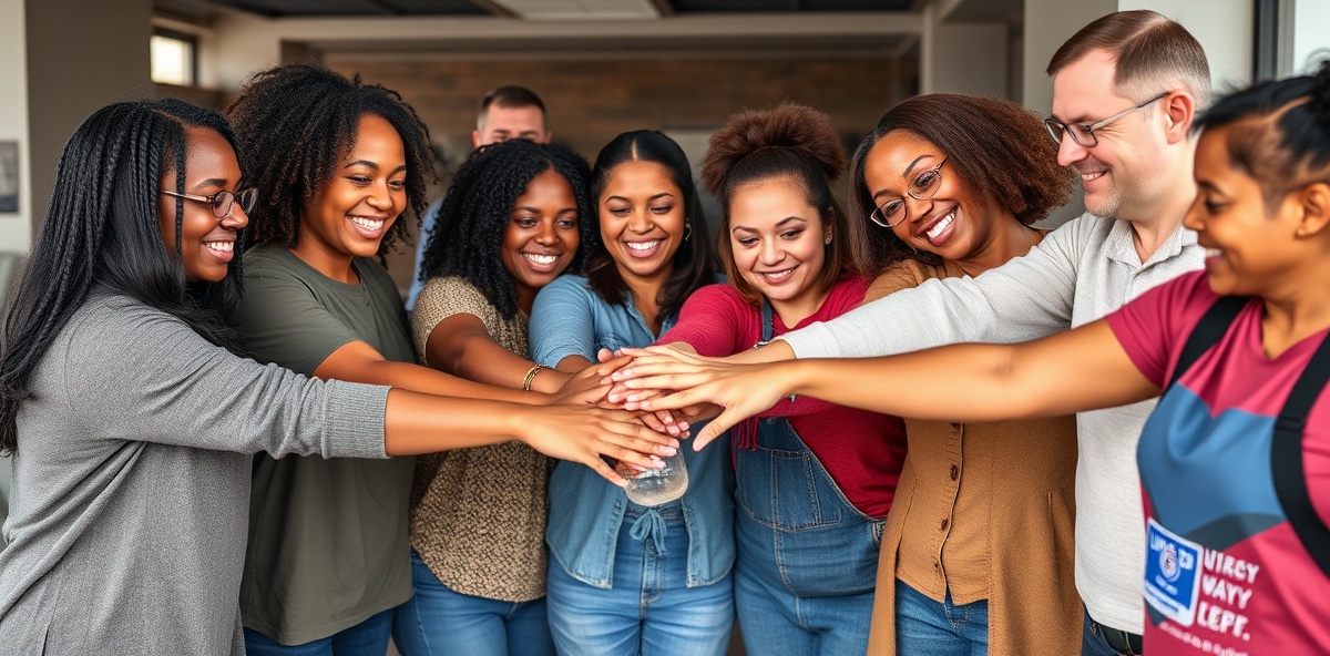 Diverse volunteers and community members working together for charitable causes