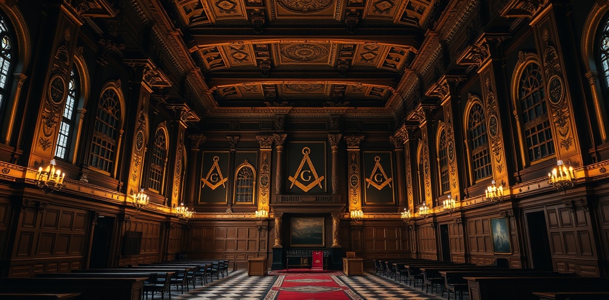 Historical grand lodge masonic hall with ornate architecture and masonic symbols