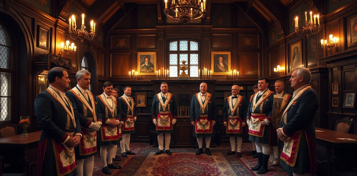 English masonic ceremony with robed members in historic lodge hall