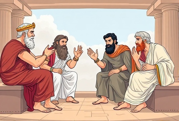 Ancient Greek philosophers in animated debate and logical discussion
