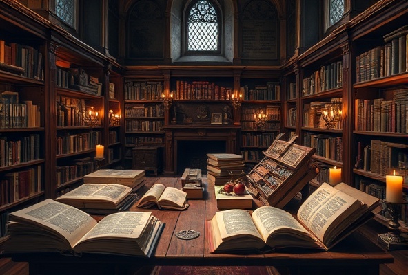 Ancient library with manuscripts, books, and scrolls representing grammar