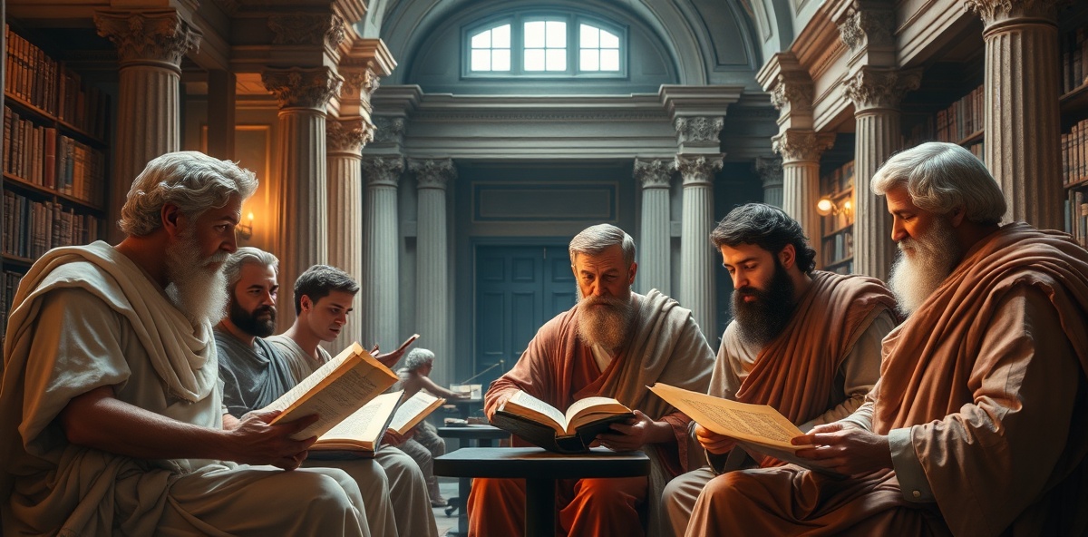 Classical Greek and Roman scholars studying ancient texts and engaged in intellectual discussion