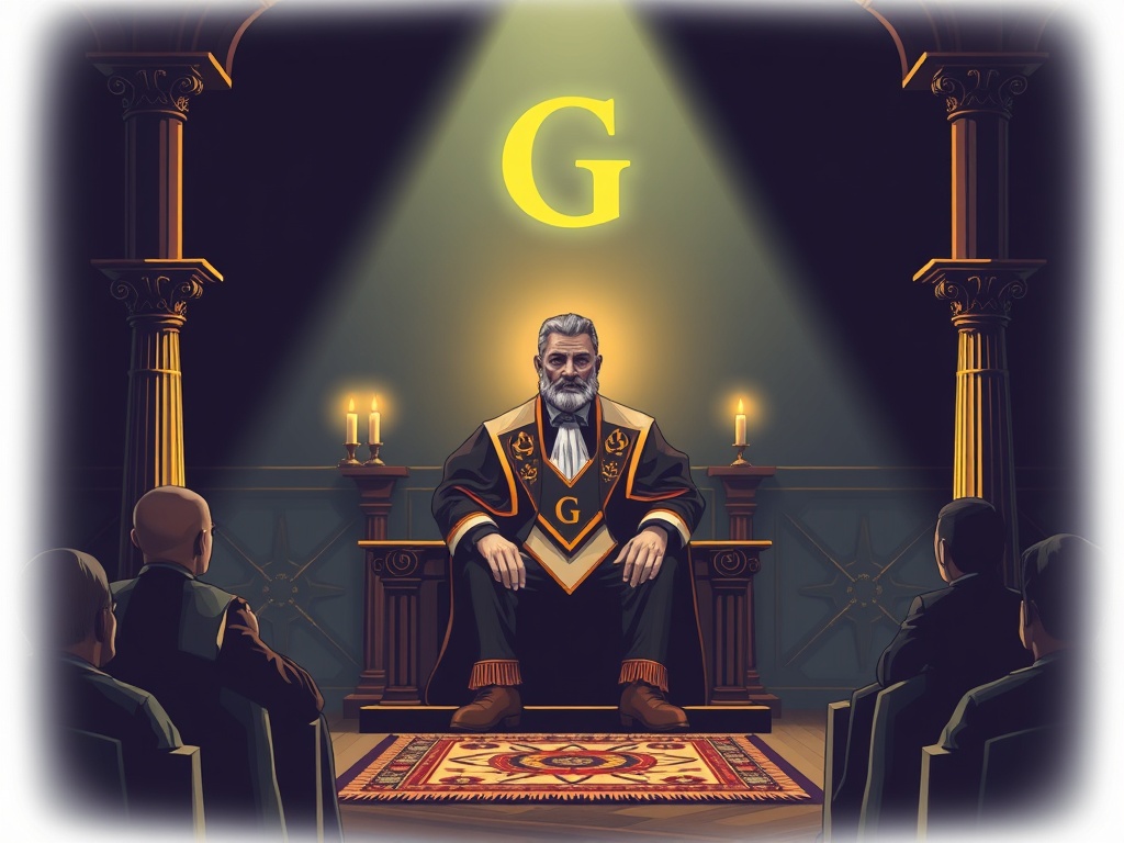Masonic Worshipful Master presiding in the East with sacred symbols and authority