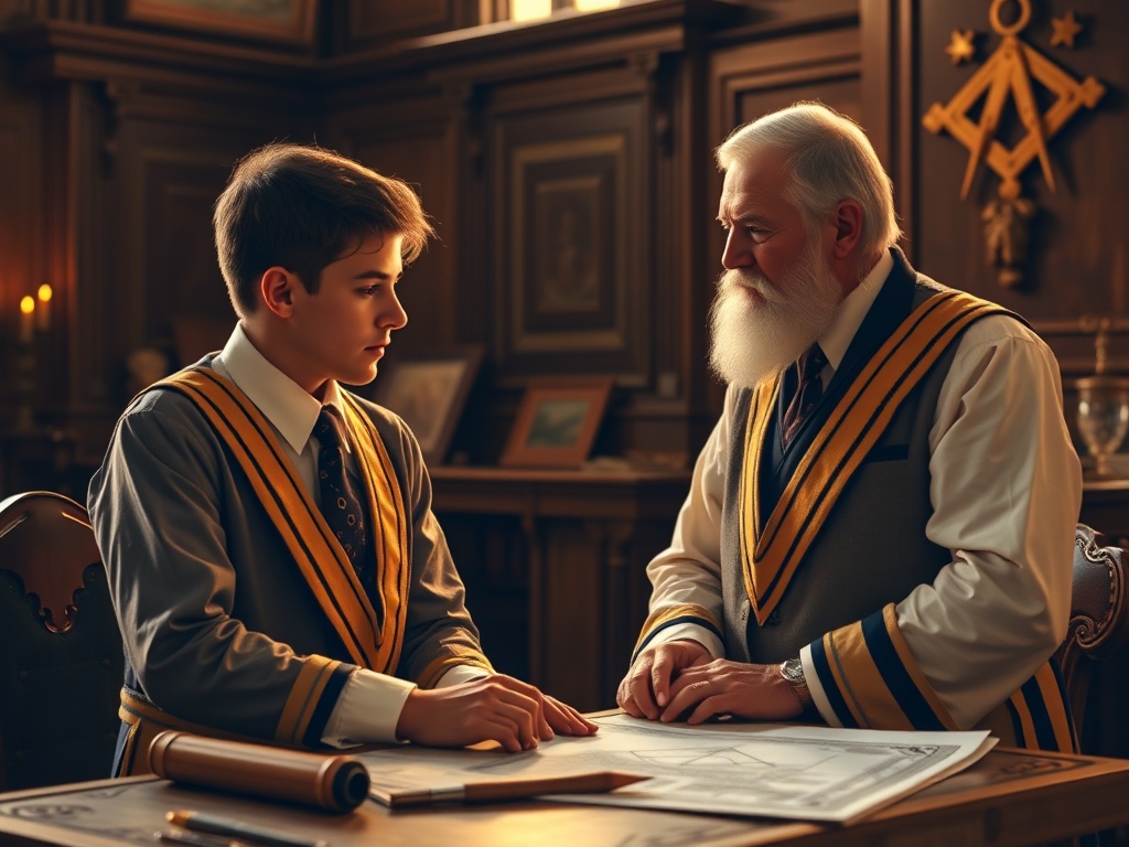 Masonic Junior Warden officer in lodge setting with mentorship, square and compass symbolism