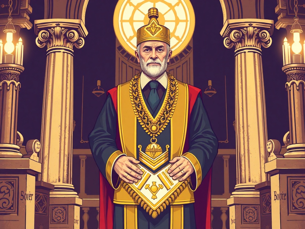 Masonic Senior Warden officer in formal regalia presiding with authority and responsibility