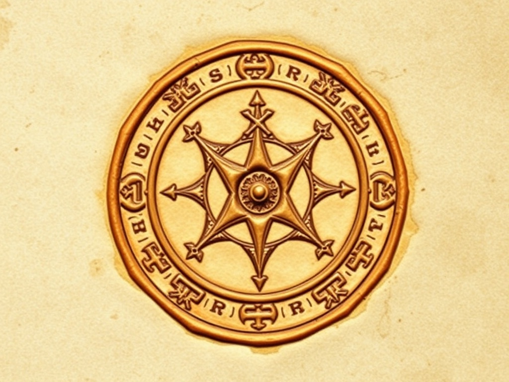 Ancient Templar seal embossed on medieval parchment with intricate symbols and wax impression