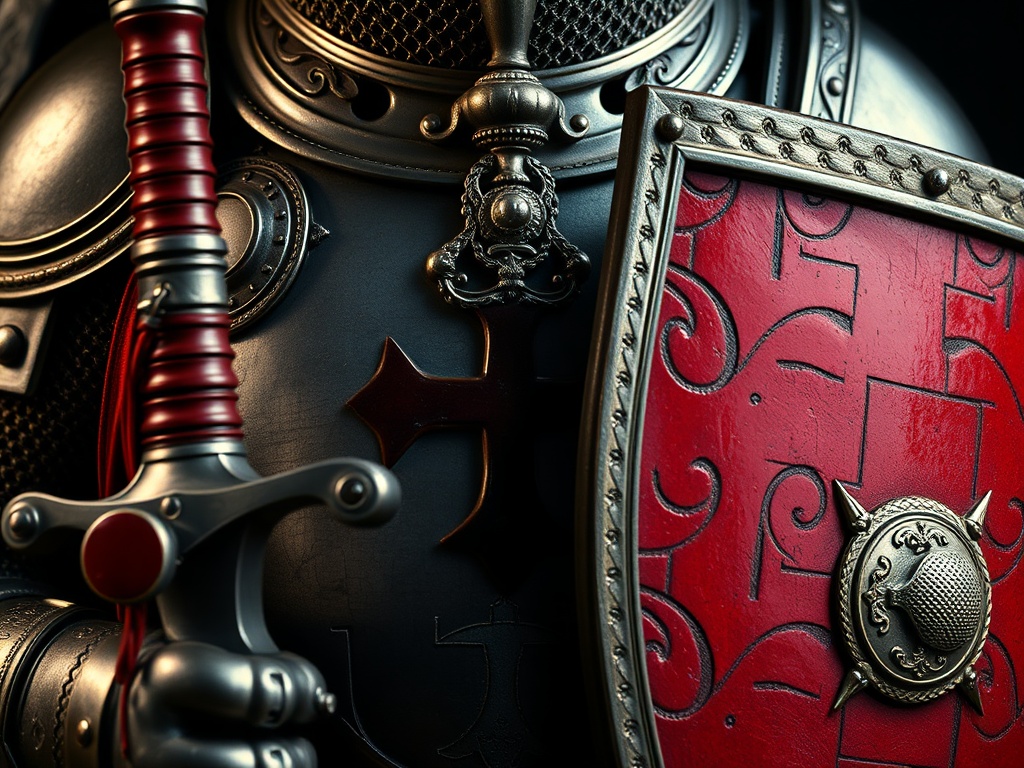 Close-up of ornate medieval Templar armor with red cross emblem, sword and chainmail