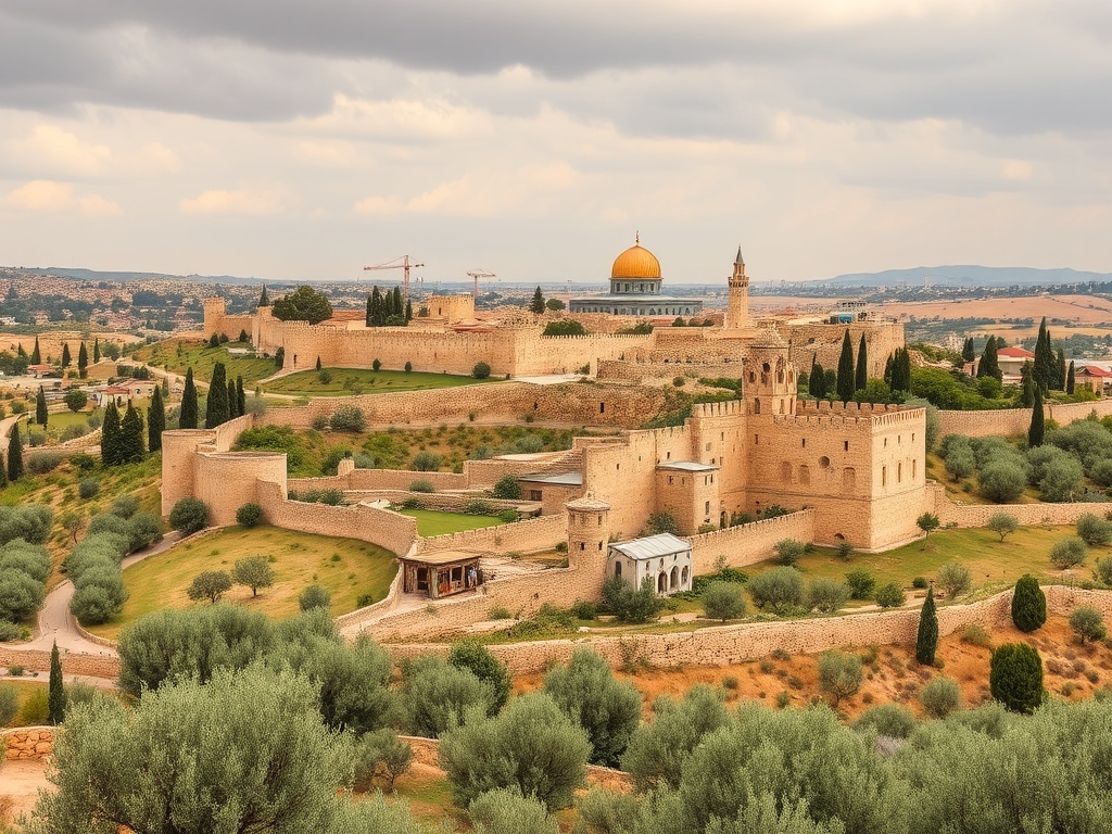 Holy Land landscape with ancient Jerusalem fortification walls and olive groves during Crusade era
