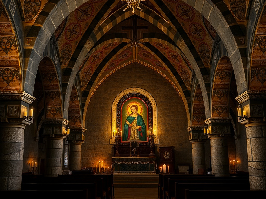Interior of a medieval Templar commandery chapel with stone arches and candlelit religious atmosphere