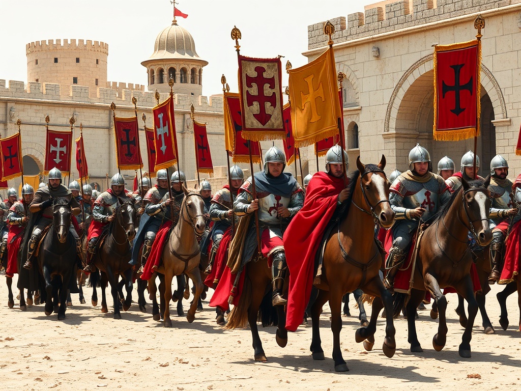 Medieval crusader soldiers in formation carrying Templar banners during religious military campaign