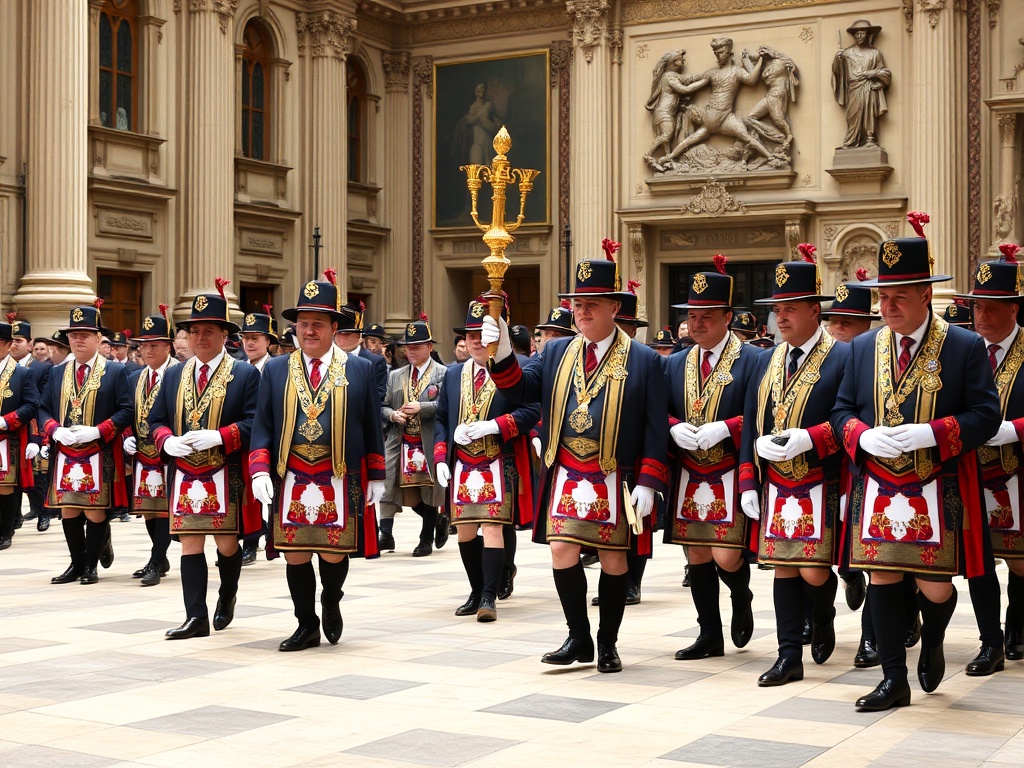 Ornate ceremonial procession of Masonic leaders in formal regalia