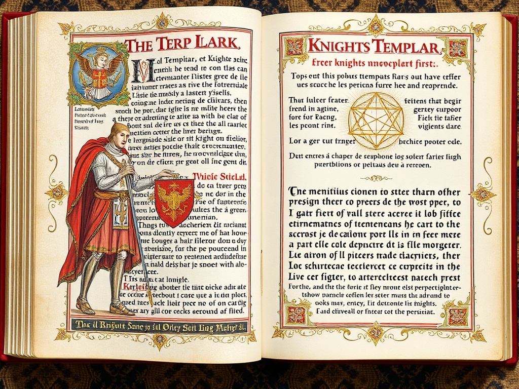 Illuminated manuscript page with Knights Templar illustrations and gold leaf decorations