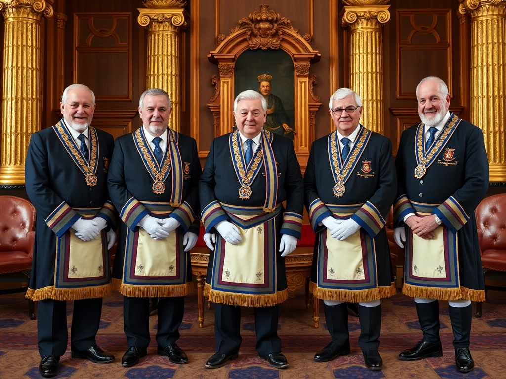 Past Masters in formal ceremonial robes and regalia standing in a grand lodge room