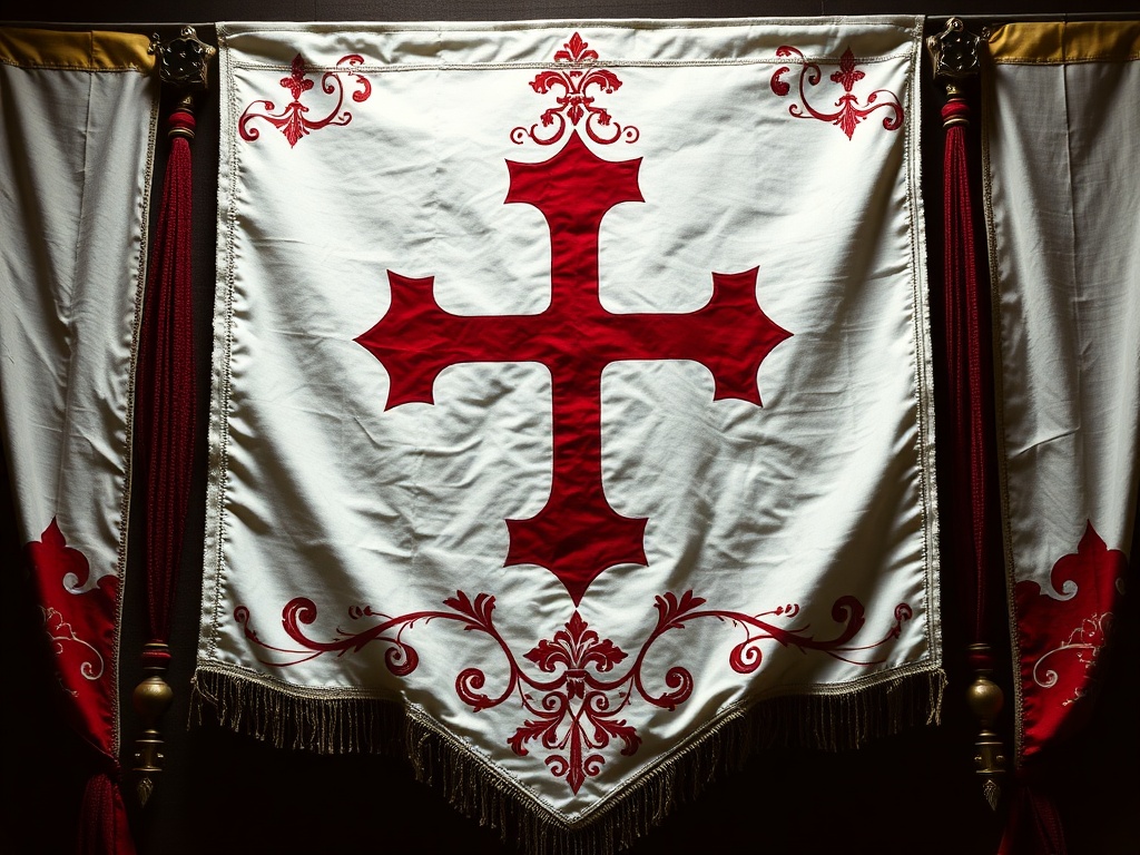 Templar banner with red cross on white silk and medieval heraldry