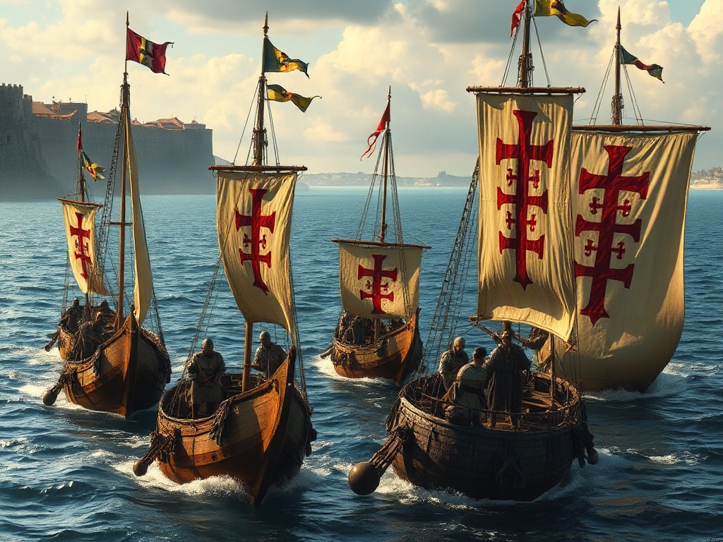 Historical maritime scene depicting the Templar fleet in the Mediterranean Sea with medieval galleys and merchant vessels
