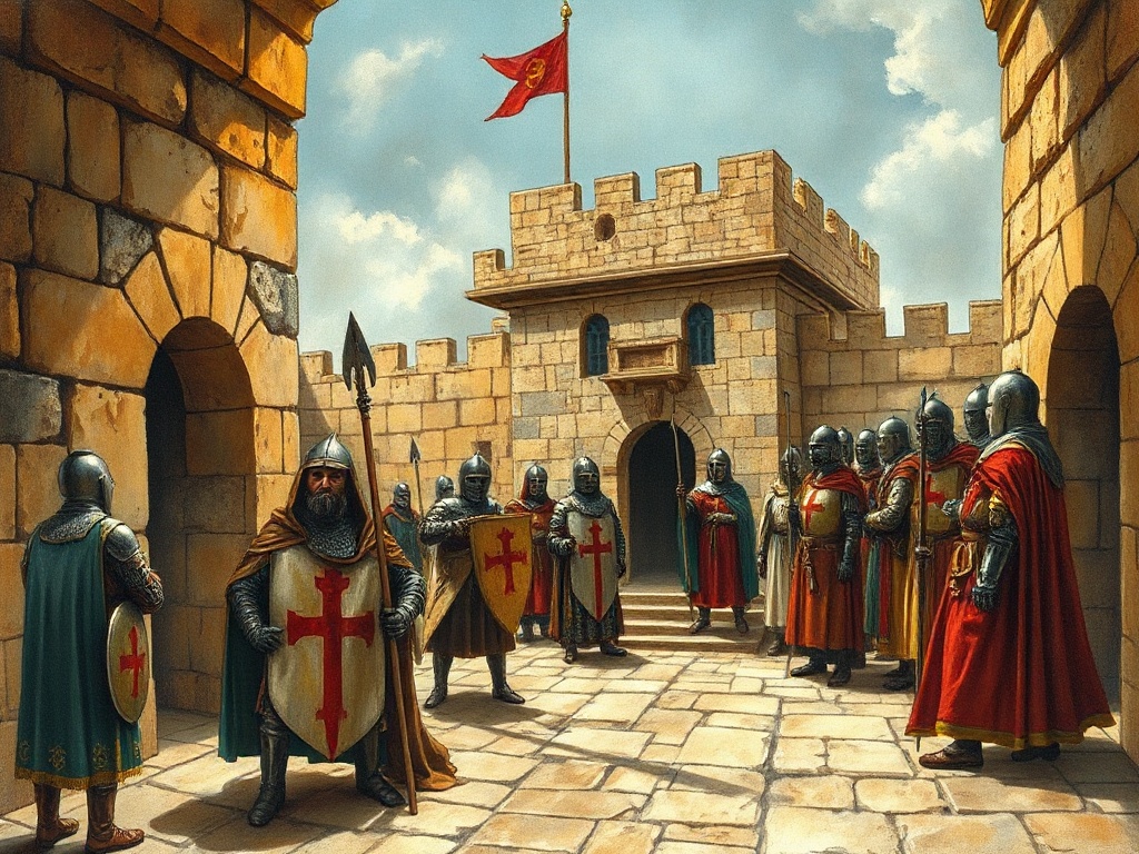 Medieval historical artwork depicting the founding of the Knights Templar in 1119 CE in Jerusalem, showing Hugues de Payens and the first knights establishing their order