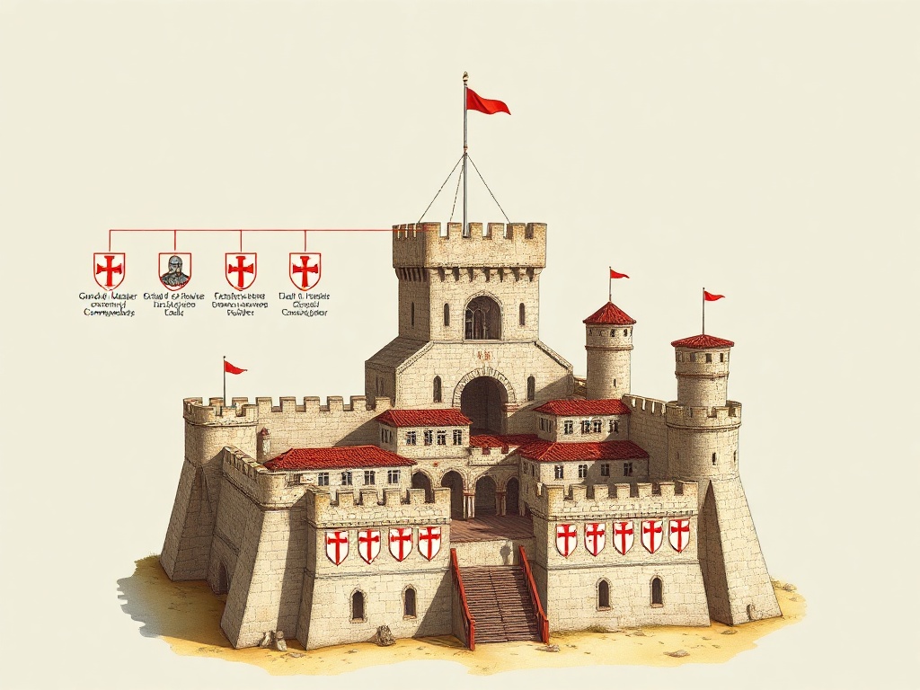Medieval military hierarchy diagram and commandery fortress illustration showing the organizational structure of the Knights Templar