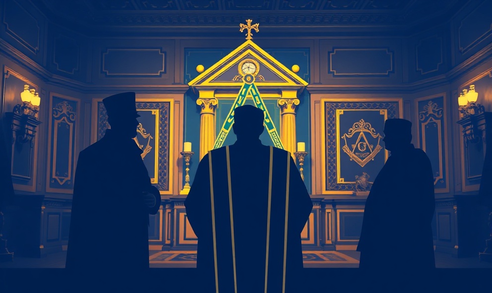 Chapter Masonry hierarchy showing High Priest, King, and Scribe officers before ornate Chapter room with altar