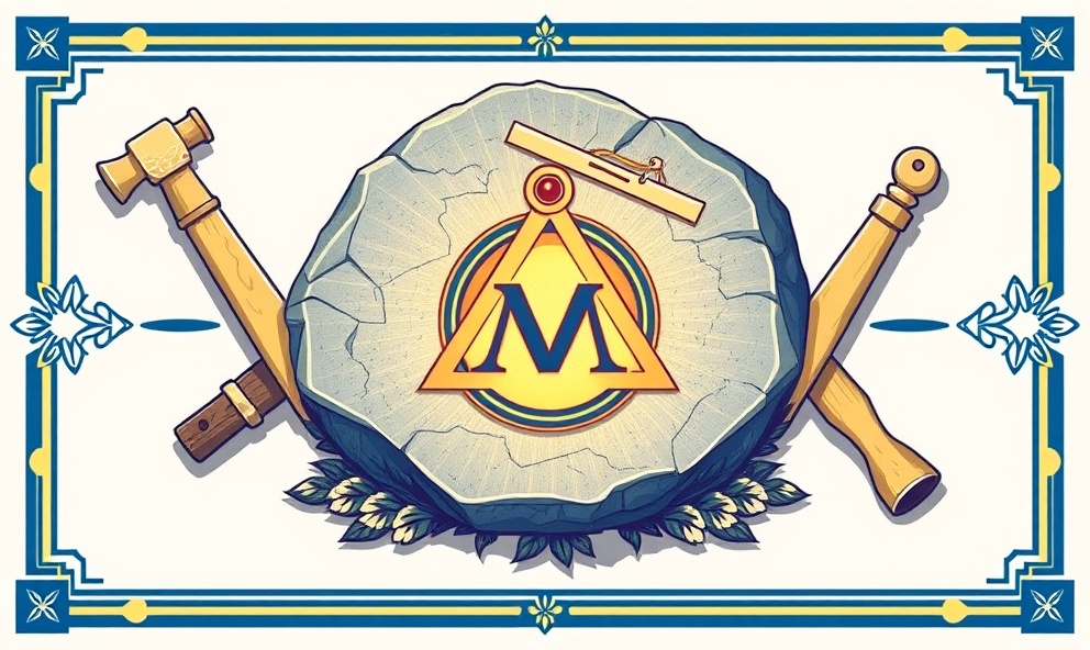 Mark Master Mason degree symbol: stone with unique mark surrounded by mason's tools with spiritual light