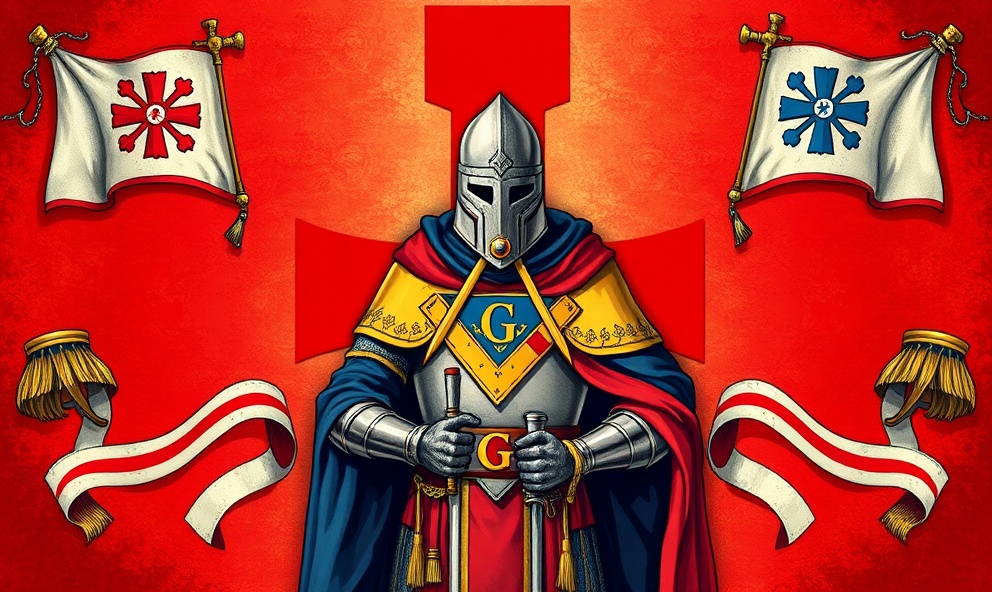 Knights Templar masonic symbolism: red cross with square and compass, medieval knight in ceremonial dress with heraldic banners