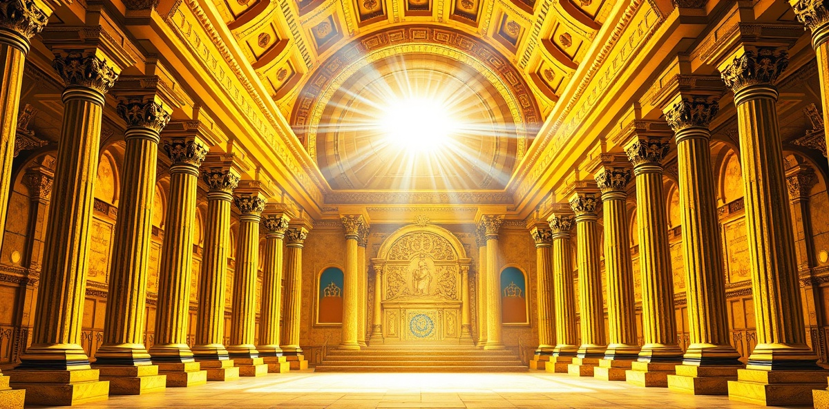 Temple of Solomon architectural reconstruction showing inner sanctum and Holy of Holies with radiant spiritual light