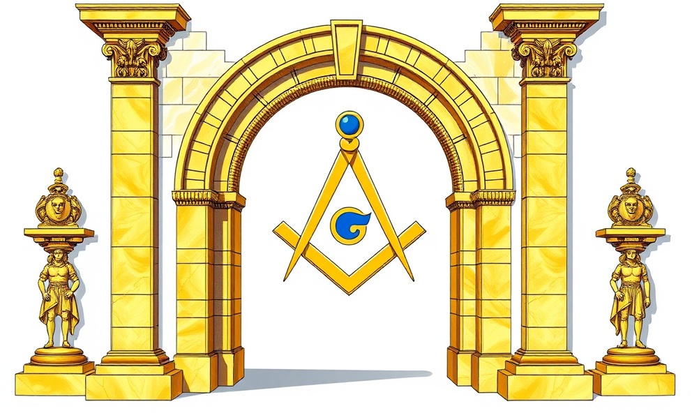 Royal Arch masonic symbolism: triple tau symbol within golden arch surrounded by cardinal virtues