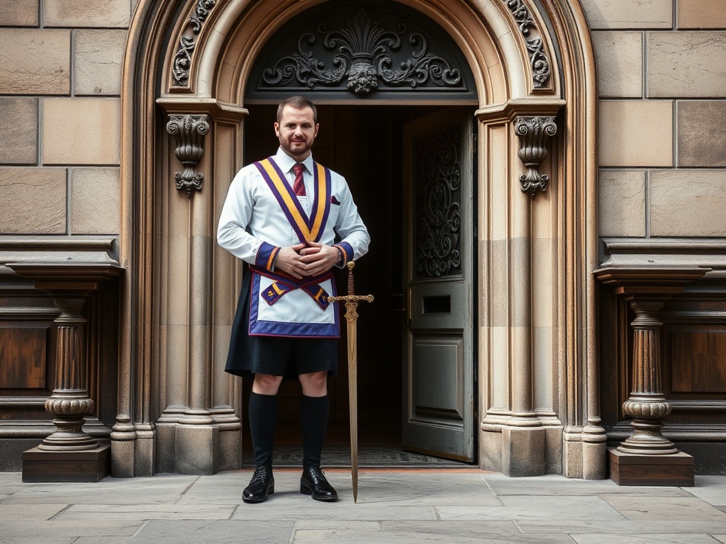 Masonic Tyler standing as guardian at the lodge entrance with ceremonial sword