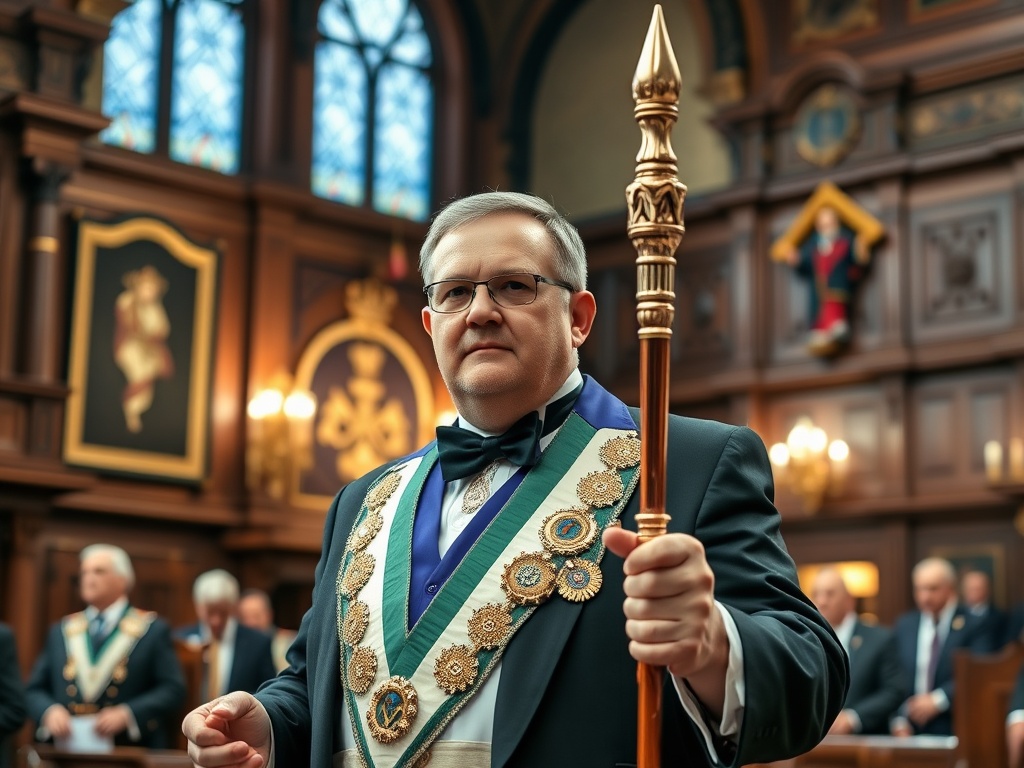 Masonic Senior Master of Ceremonies leading lodge proceedings with ceremonial authority