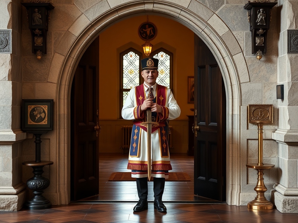 Tyler standing as guardian of the lodge entrance with ceremonial sword