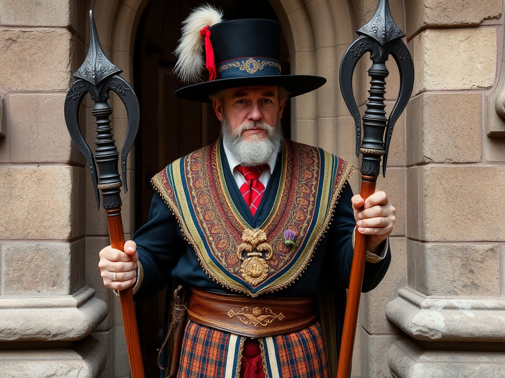 Tyler in traditional costume representing the guardian role and sacred duty