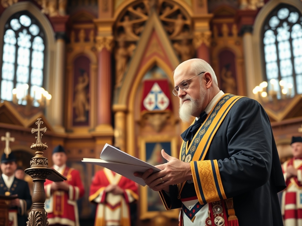 Senior Master of Ceremonies conducting important lodge ceremony with reverence and authority