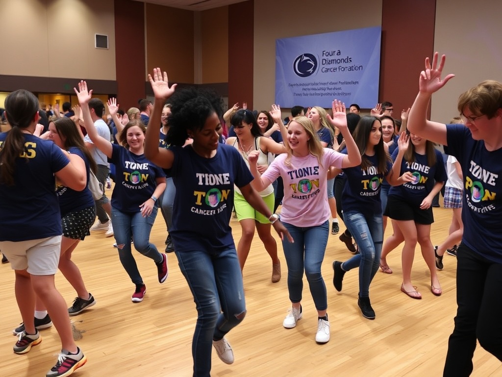 Penn State Dance Marathon THON event with students dancing and celebrating