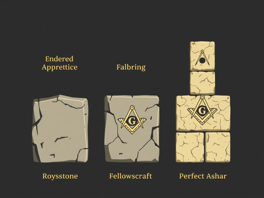 Three degrees of Freemasonry progression visualization showing Entered Apprentice, Fellowcraft, and Master Mason journey