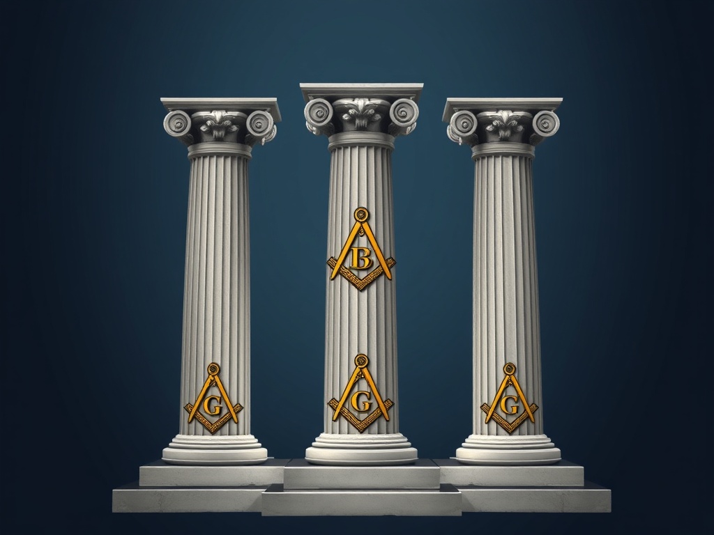 Three pillars representing wisdom, strength and beauty of Freemasonry with three degrees of initiation and masonic iconography
