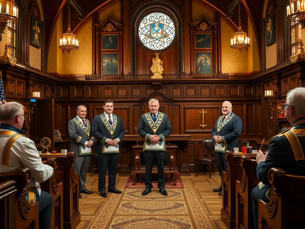 Masonic lodge interior showing three principal officers and candidates progressing through the three degrees with ritual and ceremonial elements
